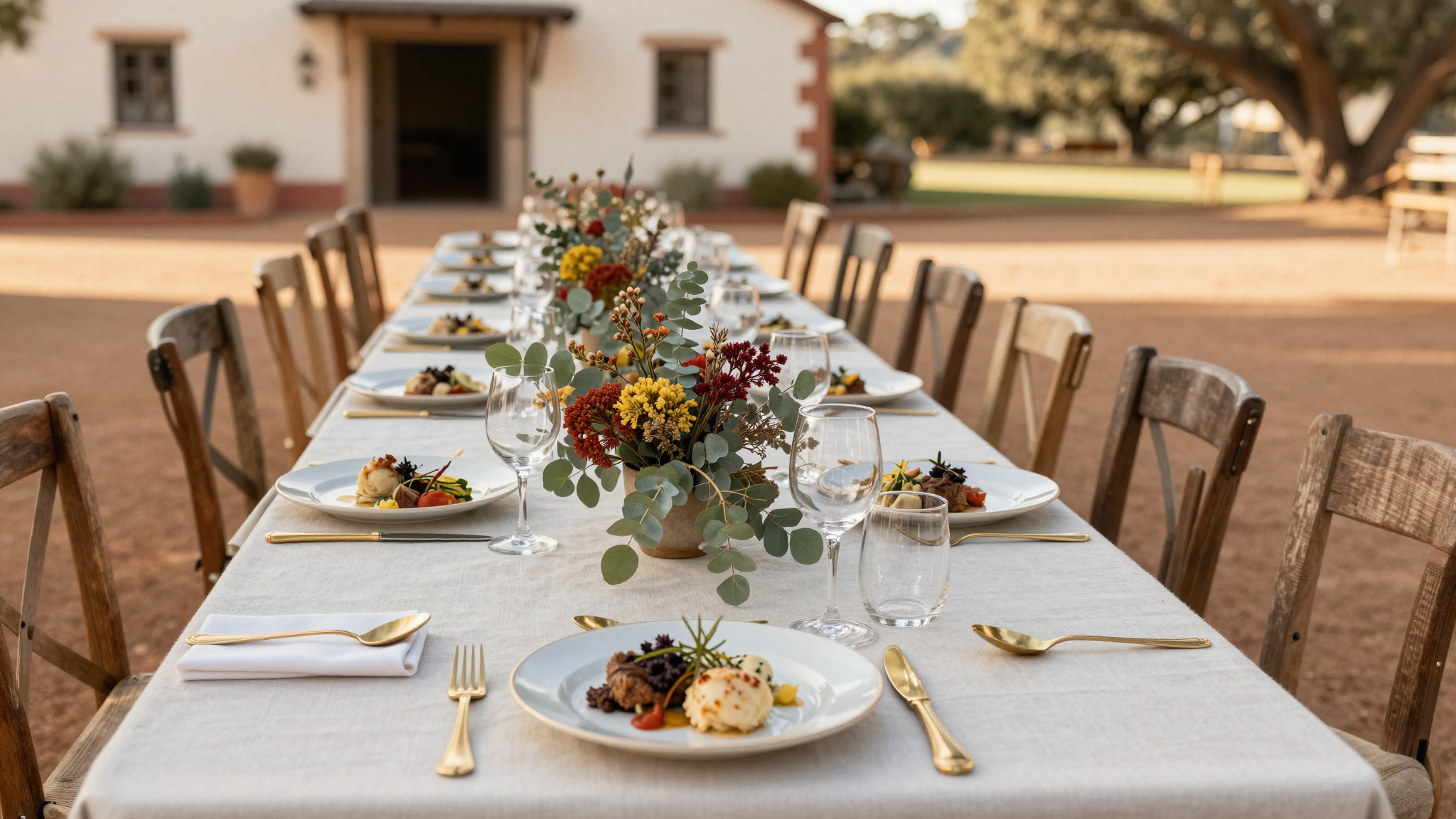 A R280k-tier reception setup — long communal table, plated three-course tasting menu, asymmetric fynbos arrangement, mismatched wooden chairs at a Cape Dutch farm.
